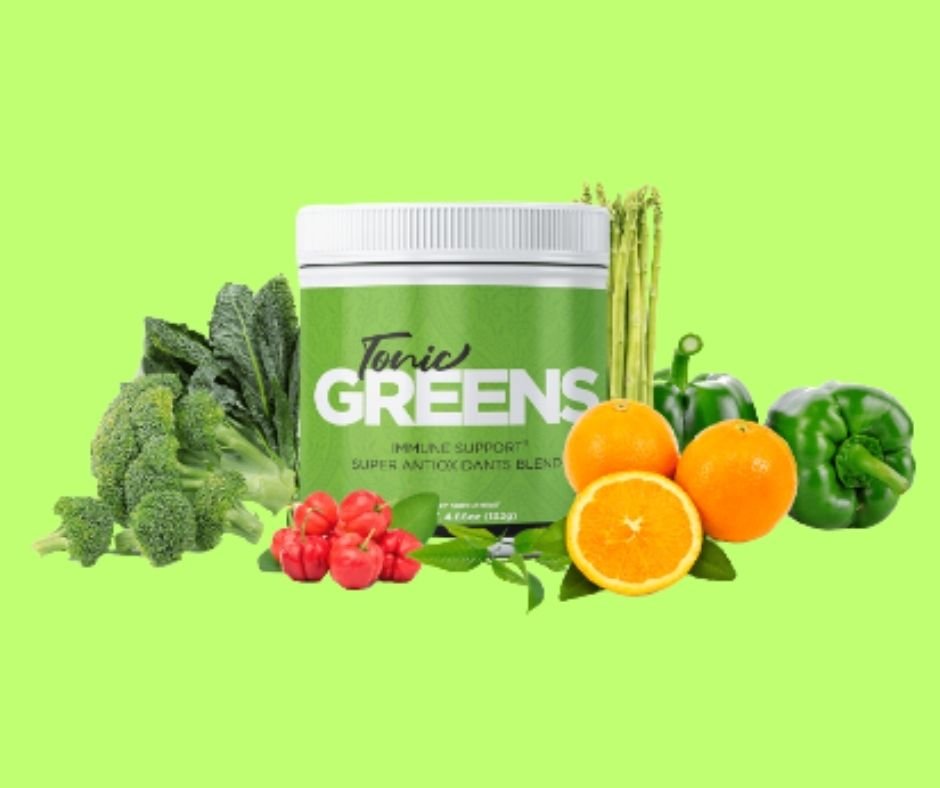 Tonic Greens supplement jar surrounded by key ingredients in front of a green background