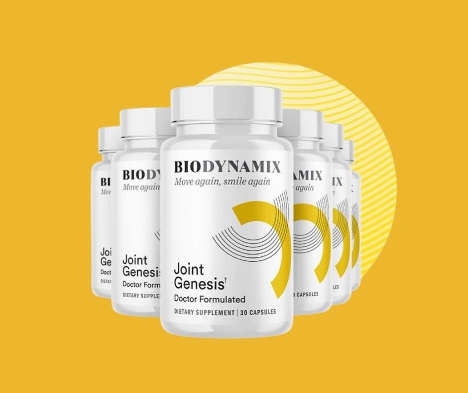 Multiple bottles of Joint Genesis supplement by BioDynamix, representing the recommended 6-month supply for long-term joint comfort and mobility.