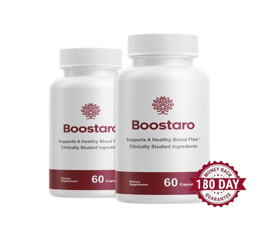 Boostaro Reviews - Boostaro dietary supplement bottle supporting healthy blood flow with 60 capsules. Clinically studied ingredients for male performance and vitality.