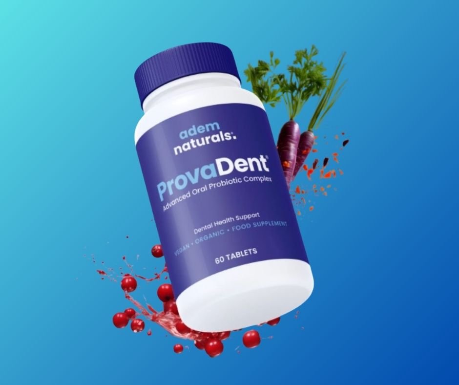 Official image of the ProvaDent Advanced Oral Probiotic Complex supplement bottle, confirming it contains 60 TABLETS and is marketed for "Dental Health Support." The image shows the bottle surrounded by a splash of red berries (likely cranberry) and purple carrots, suggesting key natural ingredients.