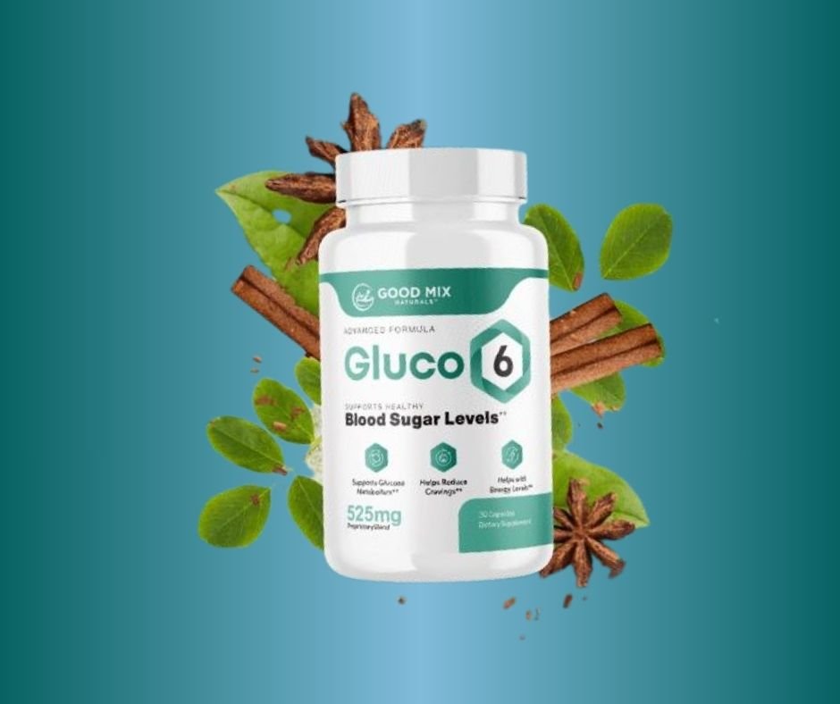 Gluco6 supplement bottle for healthy blood sugar levels, surrounded by cinnamon sticks, star anise, and fresh green leaves.