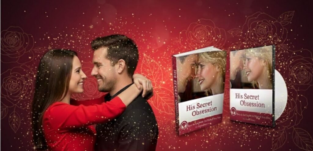 Promotional banner for the guide "His Secret Obsession." It features a happy, embracing couple on the left against a red, romantic background with roses, while the eBook and accompanying DVD/audio course are displayed on the right.