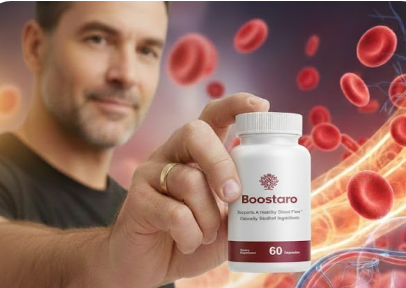 A confident man over 35 holds a Boostaro supplement bottle, with a dynamic background of red blood cells and healthy circulation, symbolizing improved blood flow and male vitality.