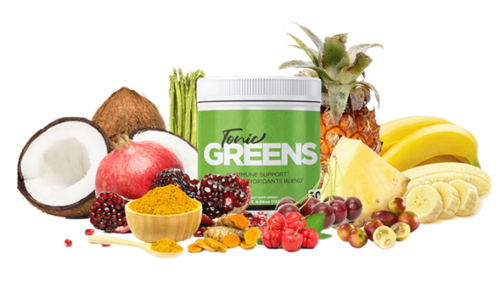 Tonic Greens supplement jar surrounded by key ingredients including coconut, pomegranate, turmeric powder, asparagus, pineapple, bananas, and berries.