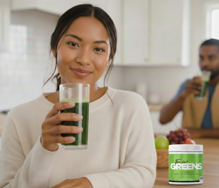 Smiling woman drinking a glass of green superfood drink with a Tonic Greens supplement container and fruits on the table.