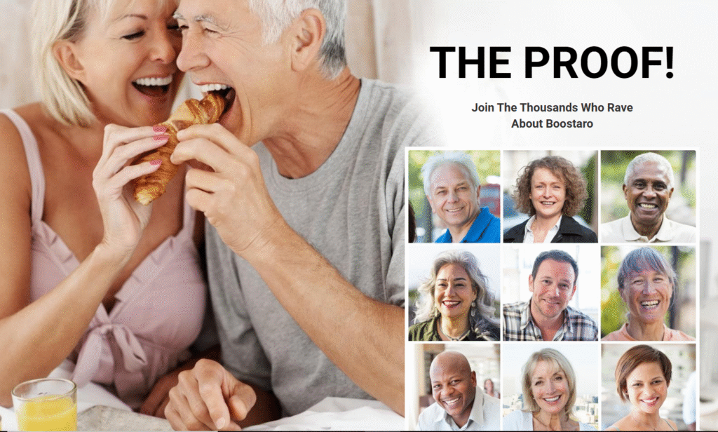 The Proof! Collage of diverse, happy customers who rave about Boostaro, smiling alongside a cheerful senior couple enjoying breakfast in bed.