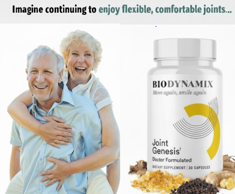 Joint Genesis supplement bottle with senior couple demonstrating flexible and comfortable joint health, emphasizing the product's benefits for active aging.