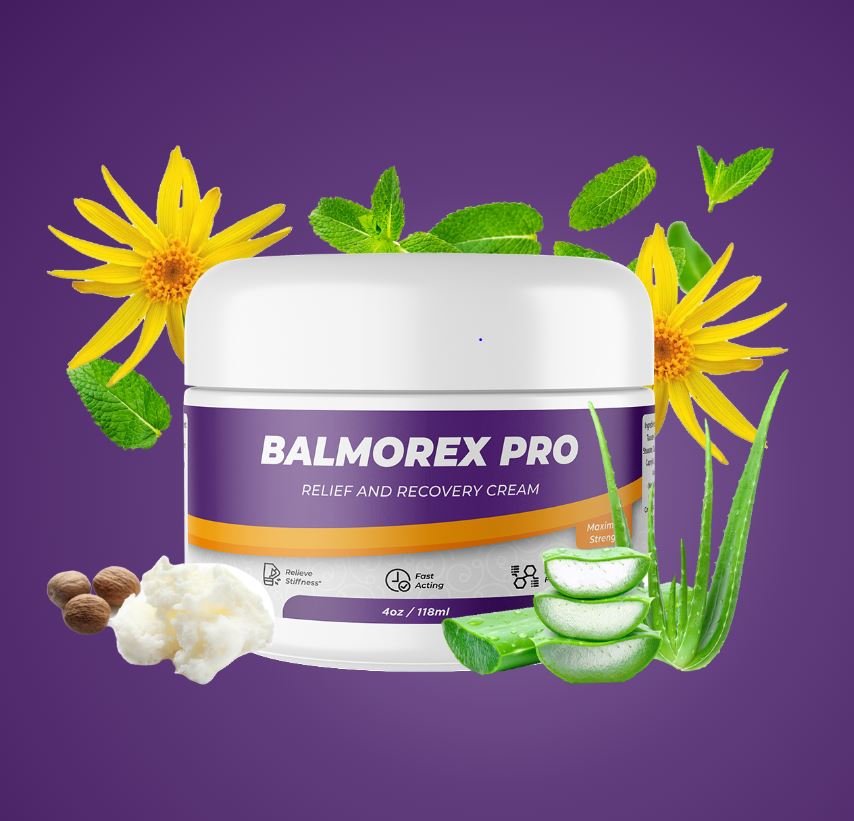 Balmorex Pro relief and recovery cream jar surrounded by natural ingredients like Arnica, Aloe Vera, and Shea Butter.