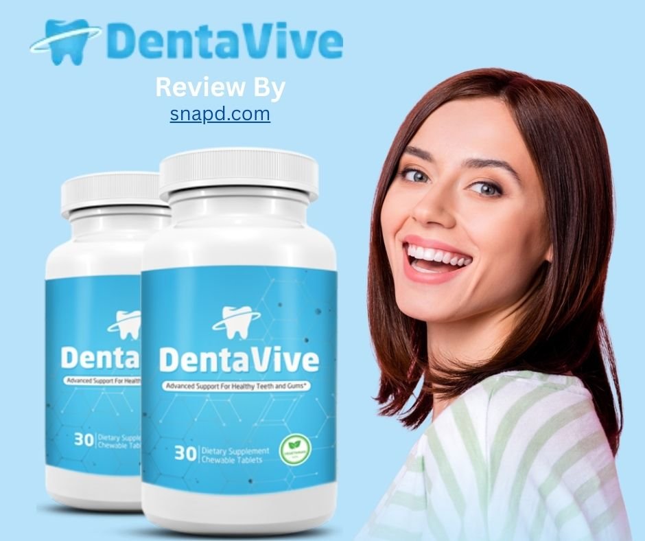 Two bottles of DentaVive Advanced Support For Healthy Teeth and Gums chewable tablets next to a smiling woman with bright, healthy teeth.