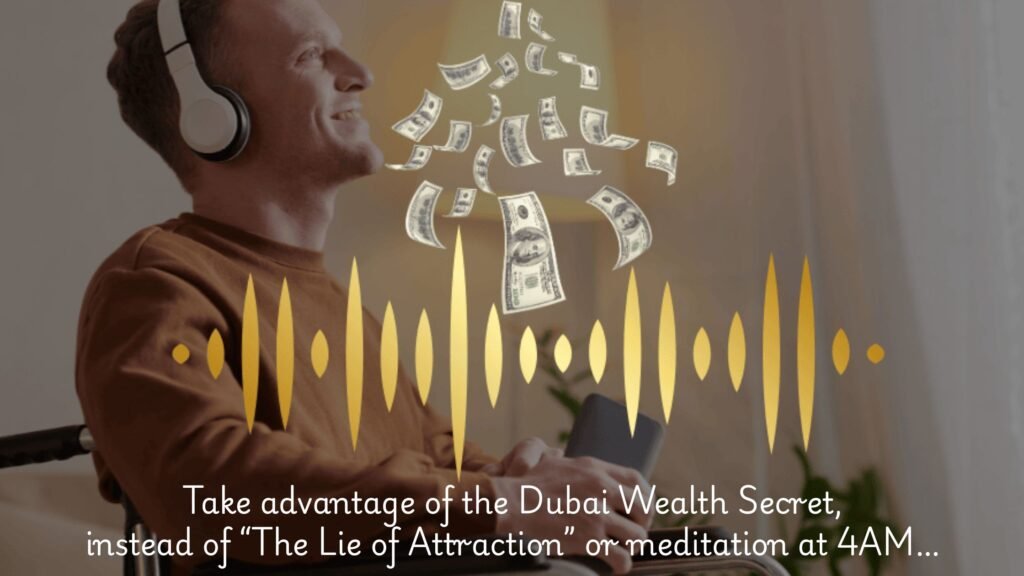 A man is wearing a headphone, indicating to listen Dubai Wealth Secret. The design highlights glowing golden energy waves and stacks of cash against a dark background, emphasizing themes of financial abundance and sound frequency technology.