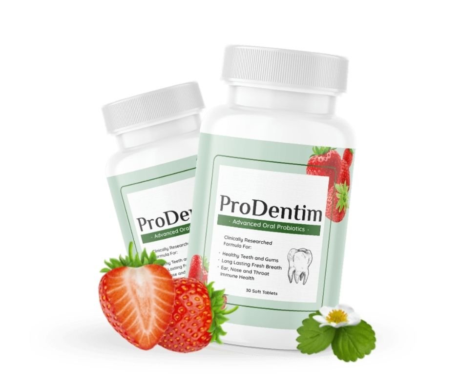 "Two bottles of ProDentim Advanced Oral Probiotics supplement, shown with fresh strawberries. The label lists benefits for gums, fresh breath, and immune health."