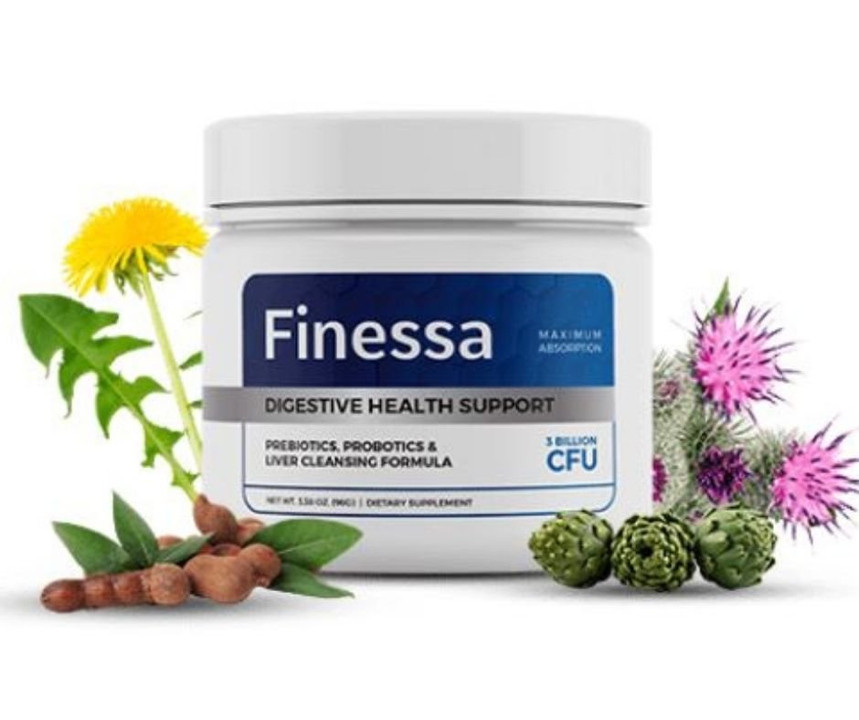Finessa Digestive Health Support powder for gut health and liver cleansing, featuring Dandelion, Milk Thistle, and 3 Billion CFU probiotics.