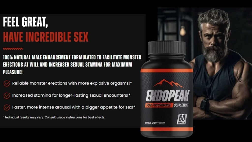 Promotional image for EndoPeak male enhancement supplement. Features the bottle alongside a graphic of increased blood flow and a confident man, emphasizing the claim of "Maximum Erection Quality and Stamina Support.