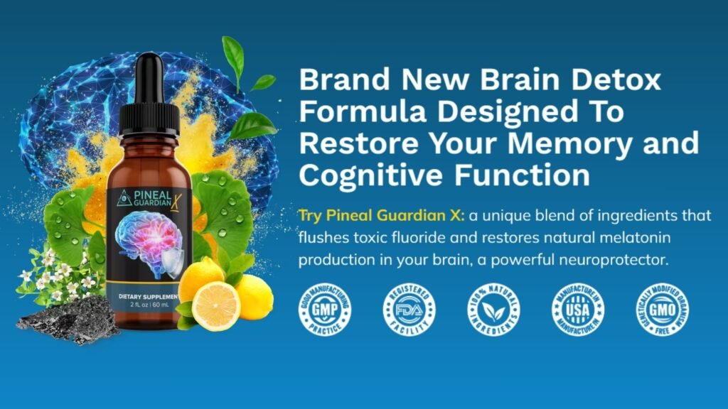 Product image showing two amber dropper bottles of Pineal Guardian X liquid dietary supplement. The label features a stylized graphic of a glowing brain and pineal gland, emphasizing its focus on cognitive health, memory, and detox support.