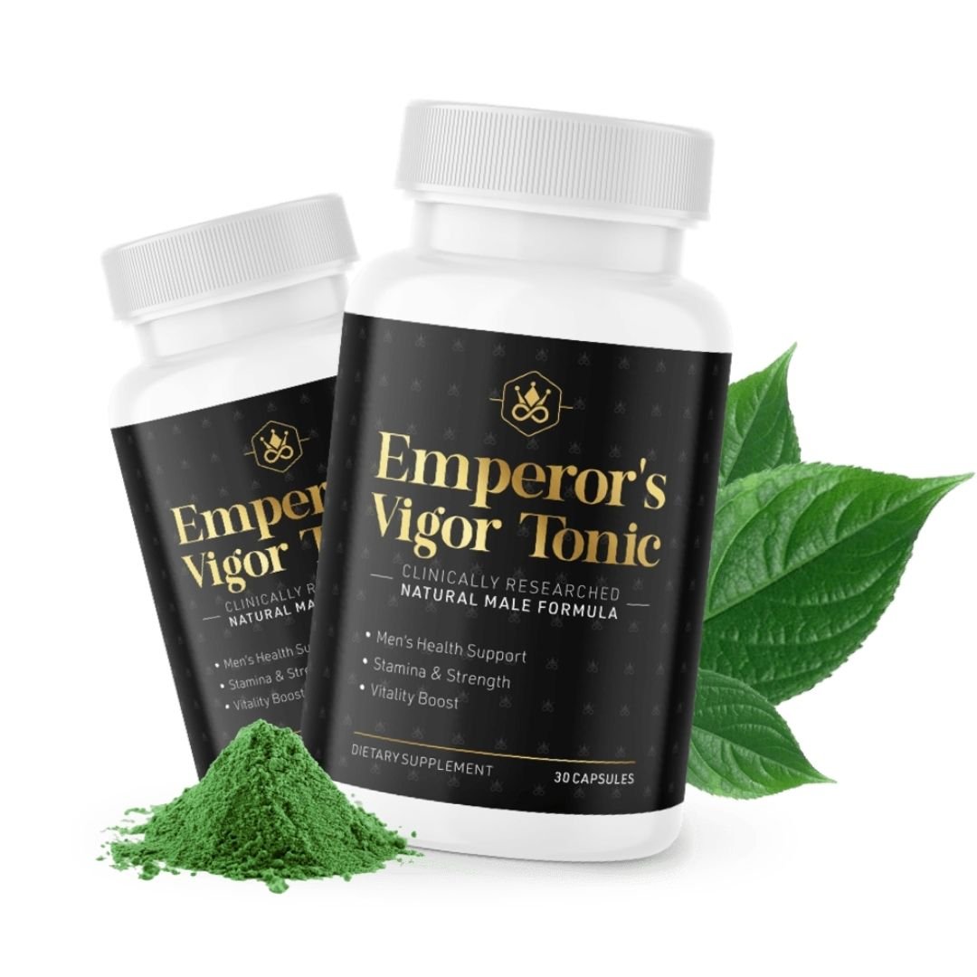 Emperor's Vigor Tonic male health support supplement bottles with green herbal powder. Natural stamina and vitality booster.