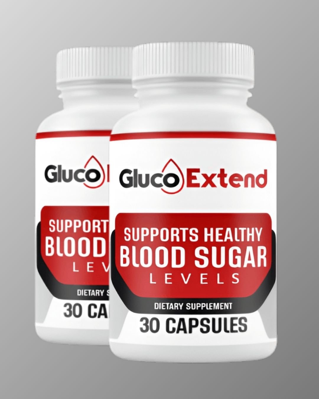 Two white bottles of Gluco Extend Dietary Supplement, labeled "SUPPORTS HEALTHY BLOOD SUGAR LEVELS" and containing 30 capsules each.