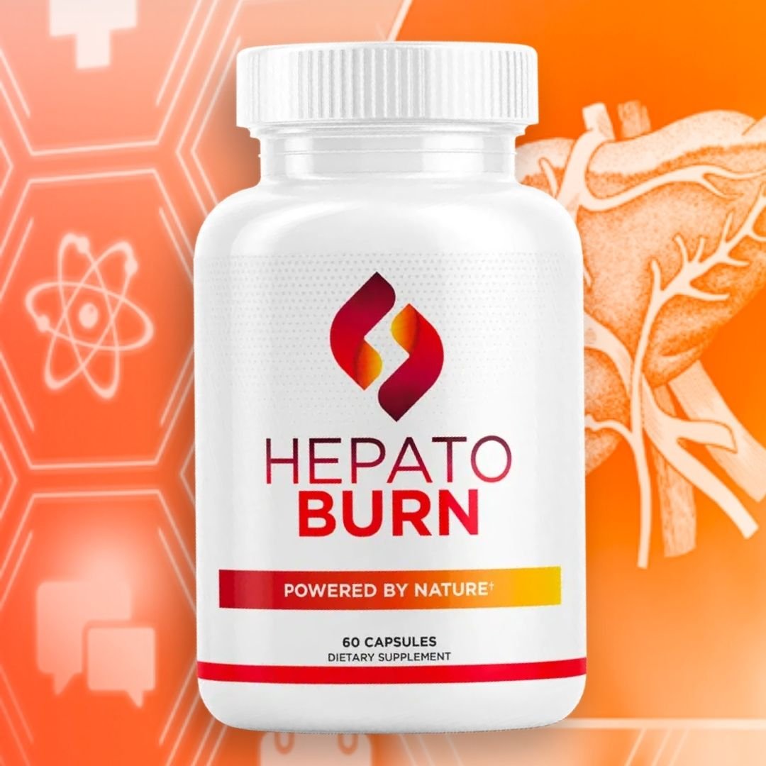 Close-up of HepatoBurn dietary supplement bottle featuring 60 capsules powered by nature for liver support.