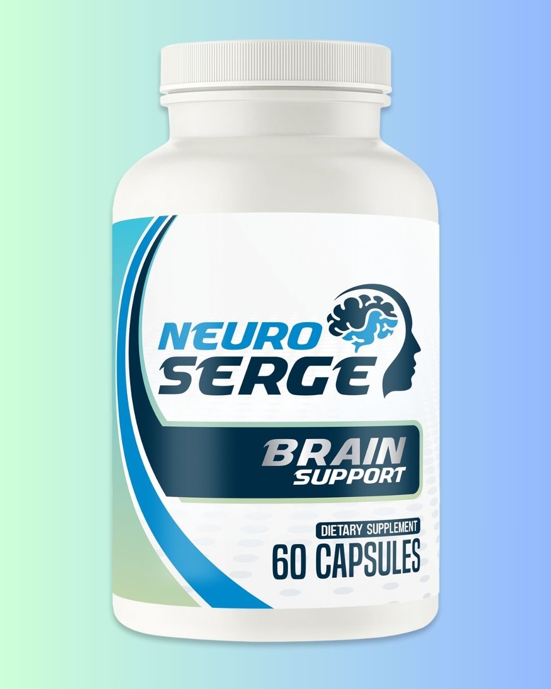 A white bottle of NeuroSerge Brain Support dietary supplement containing 60 capsules, featuring a blue and teal logo with a human brain silhouette.