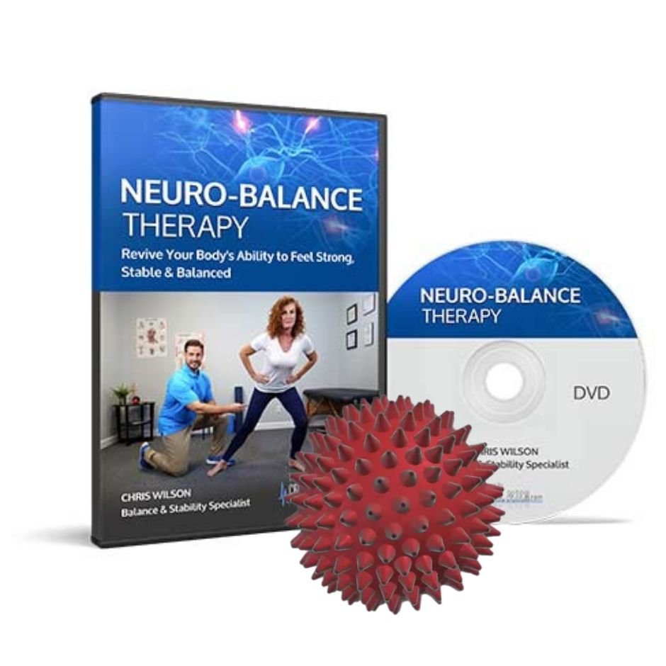 An image showing the Neuro-Balance Therapy program physical package, which includes a DVD case featuring Chris Wilson, a physical DVD disc, and a red rubber spike ball designed for nerve stimulation