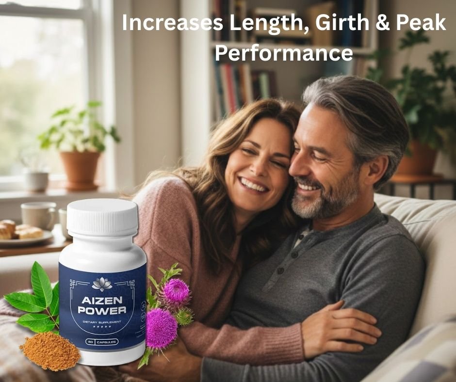 A happy, middle-aged couple in their 40s to 50s cuddling under a blanket on a couch in a cozy, sunlit living room. An Aizen Power bottle in front of them shows they are benefitting from this male performance support supplement. 