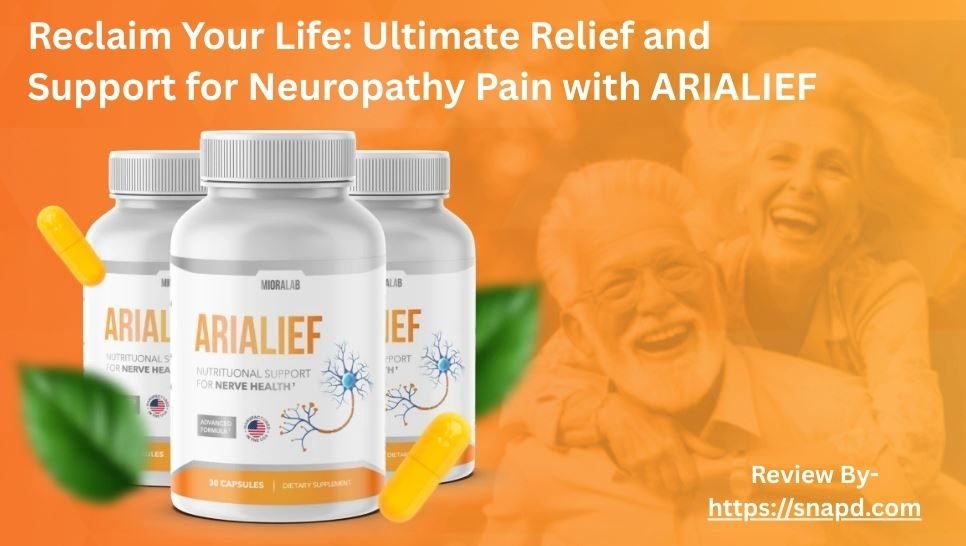 Promotional image for Arialief supplement. Features three bottles of Arialief with a neuron graphic, accompanied by a laughing, happy elderly couple, emphasizing the claim of "Ultimate Relief and Support for Neuropathy Pain