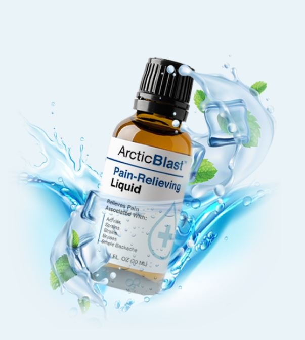 Arctic Blast Pain-Relieving Liquid drops in a small bottle, splashing into water with ice cubes and mint leaves, emphasizing the cooling relief.