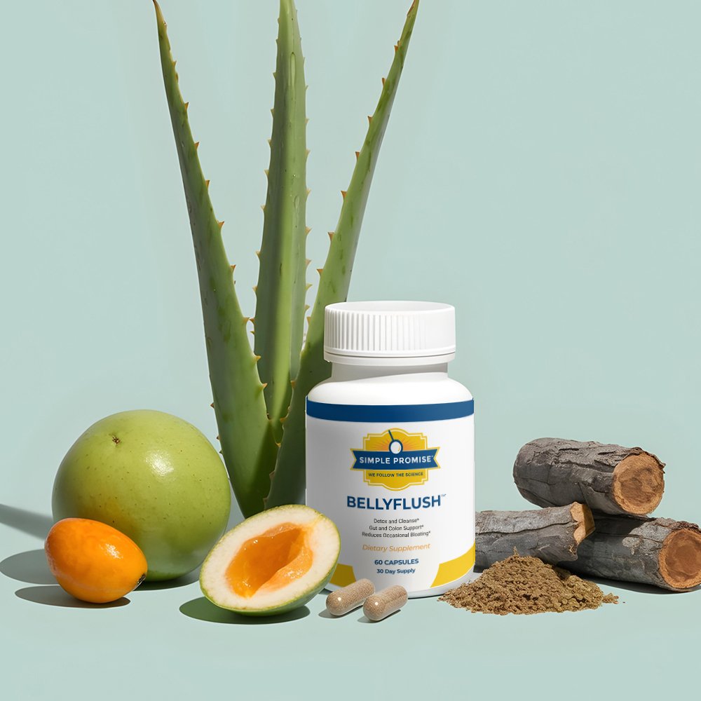 A bottle of Belly Flush by Simple Promise surrounded by natural ingredients like Aloe Vera, Cascara Sagrada bark, and Triphala fruit for detox and colon cleanse support.