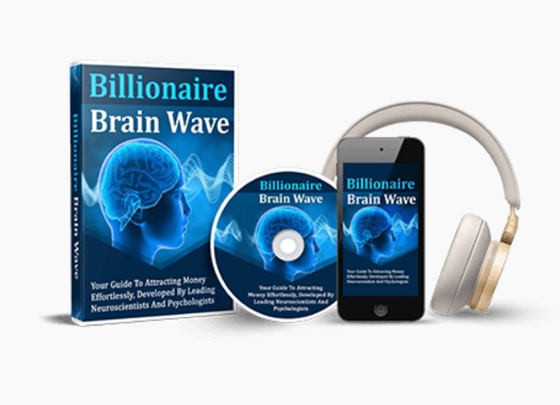 Billionaire Brain Wave program package showing the digital audio download on a smartphone and CD, alongside the box and headphones, confirming the product's focus on theta frequency and wealth manifestation.
