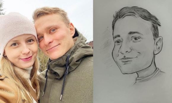 Side-by-side comparison of a real-life couple photo and a black-and-white psychic charcoal sketch. The sketch displays a similar facial structure and expression to the man in the photograph, intended to show the accuracy of the drawing.