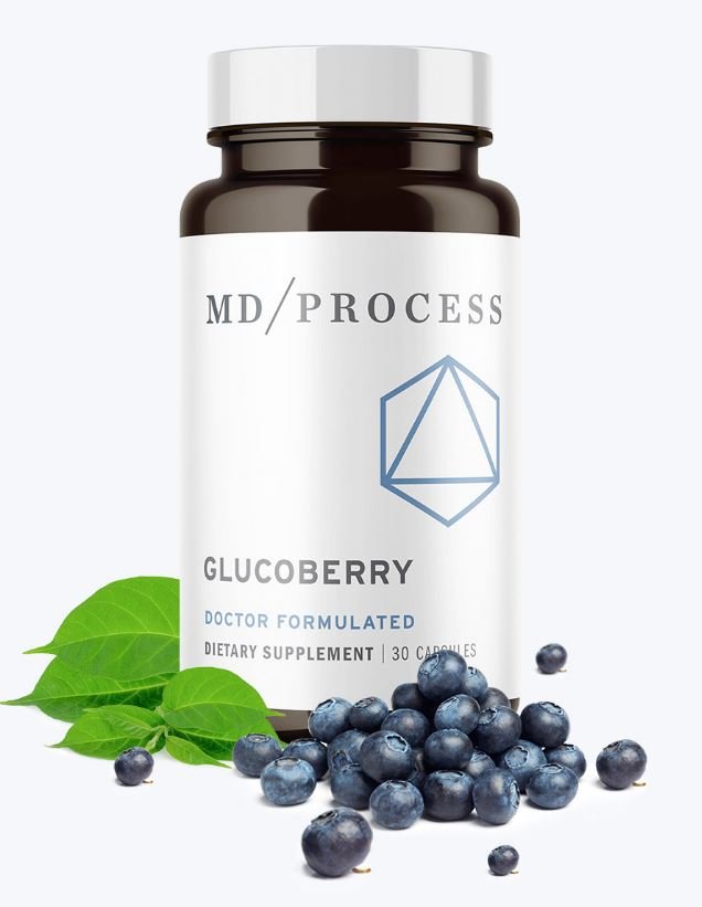 A bottle of MD/Process GlucoBerry dietary supplement with fresh blueberries and leaves.