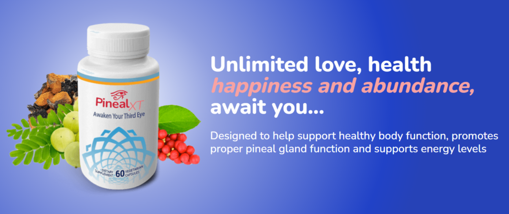 Pineal XT supplement bottles, featuring the tagline "Awaken Your Third Eye," surrounded by key herbal ingredients like Chaga Mushroom, Amla fruit (Indian Gooseberry), and Schisandra berries.
