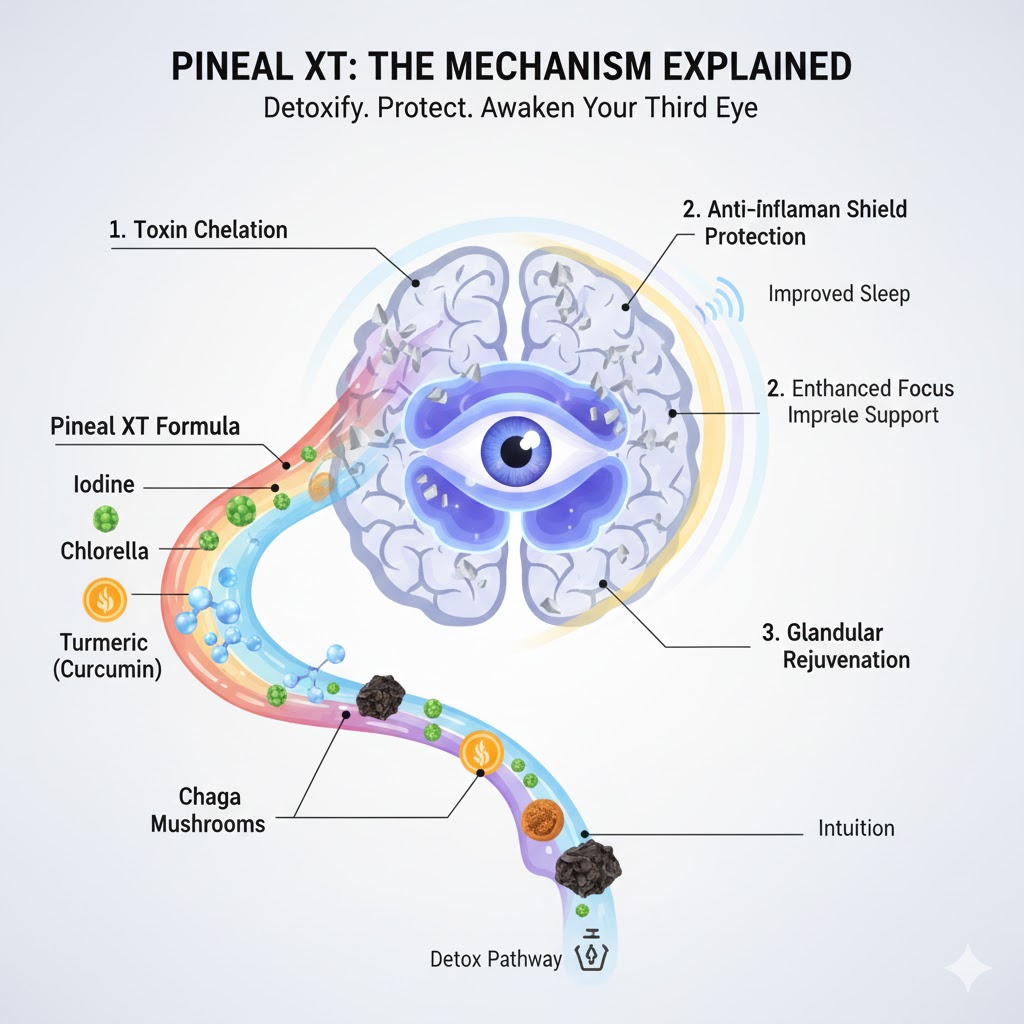 Infographic illustrating the Pineal XT mechanism: a three-step detox process showing ingredients (Iodine, Chlorella, Turmeric, Chaga Mushrooms) flowing along a "Detox Pathway" to the brain, detailing Toxin Chelation, Anti-Inflammation Shield Protection, and Glandular Rejuvenation, leading to Improved Sleep, Enhanced Focus, and Intuition.