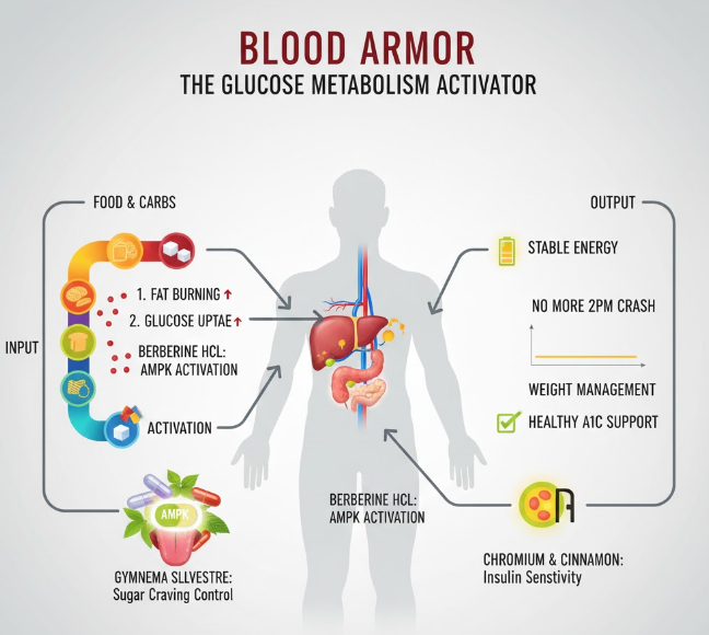 Infographic illustrating the Blood Armor metabolic mechanism. Shows Berberine HCL activating the AMPK switch within a cell to increase glucose uptake, complemented by Gymnema and Chromium stabilizing blood sugar levels in the bloodstream.