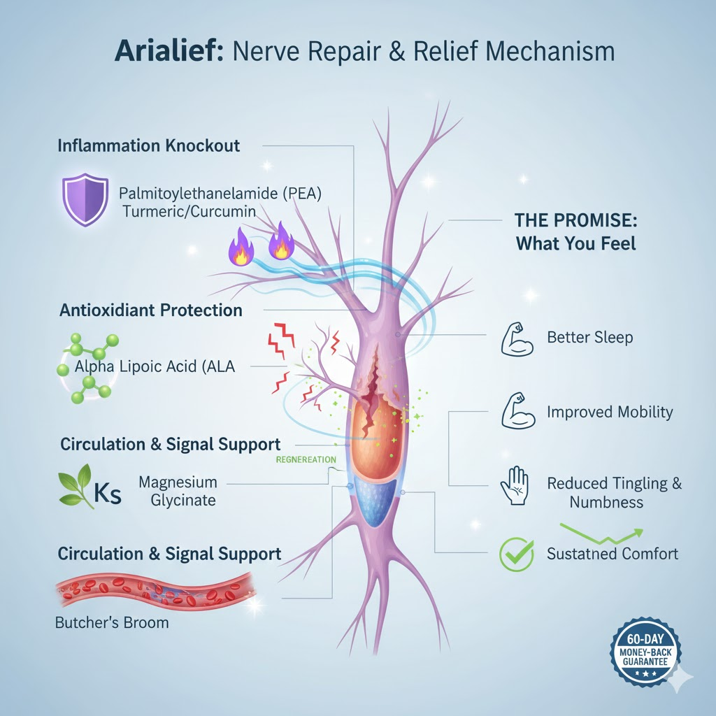 Infographic illustrating Arialief's mechanism: Alpha Lipoic Acid (ALA) protecting a damaged nerve cell while Palmitoylethanolamide (PEA) and Turmeric suppress inflammation and calm hyperactive pain signals.