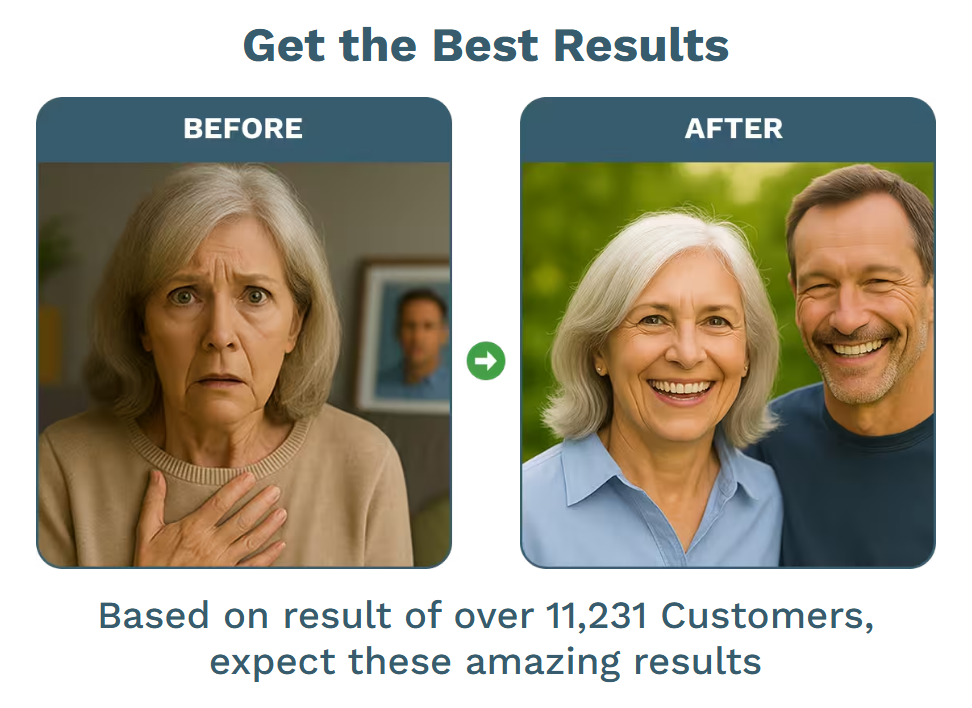 Before-and-After image showing an older woman moving from a distressed expression to a happy, smiling expression alongside a man, used as a testimonial for product results.