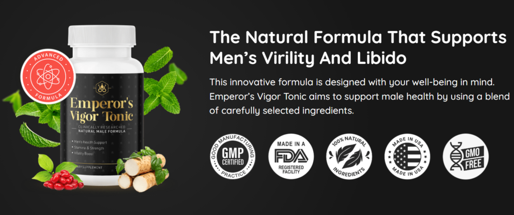 Emperor's Vigor Tonic male health support supplement bottles with green herbal powder. Natural stamina and vitality booster.