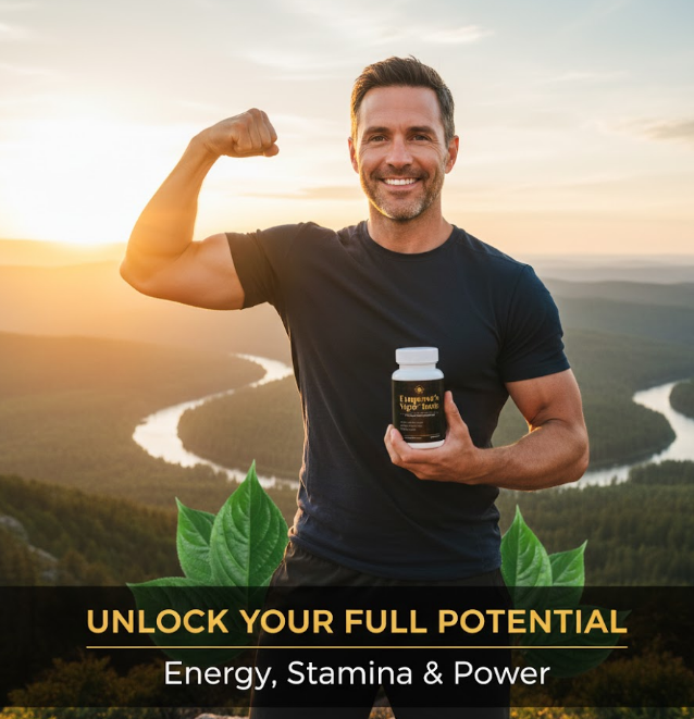 Emperor's Vigor Tonic for energy, stamina, and power. Happy, strong man showing fitness results while holding the male health supplement bottle.