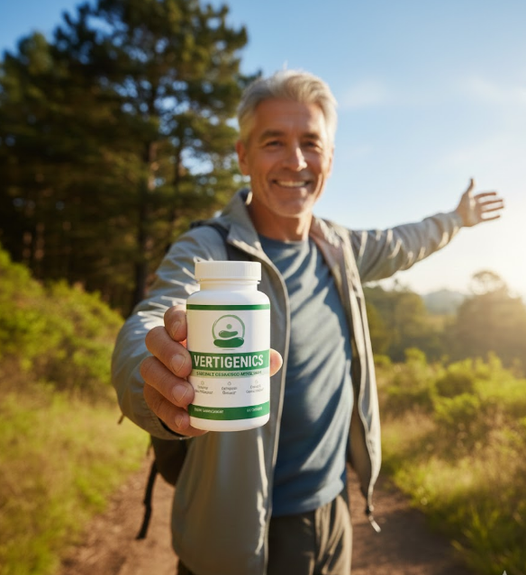 A smiling, confident, grey-haired man hiking outdoors, holding up a bottle of Vertigenics Advanced Balance Support.