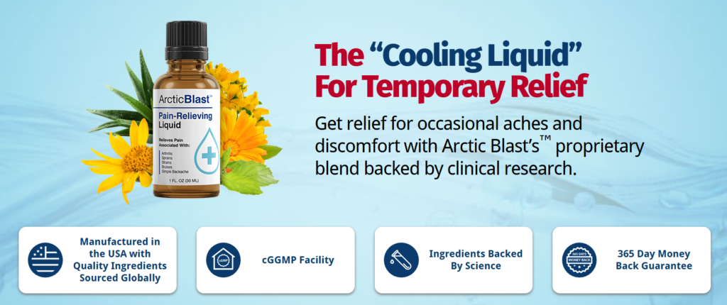 Arctic Blast Pain-Relieving Liquid drops in a small bottle, splashing into water with ice cubes and mint leaves, emphasizing the cooling relief.