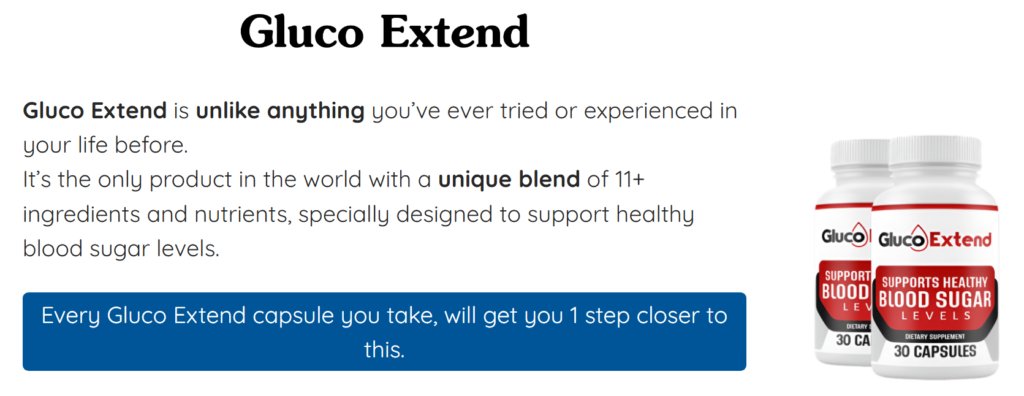 Image of Gluco Extend capsules, a dietary supplement claiming to support healthy blood sugar levels