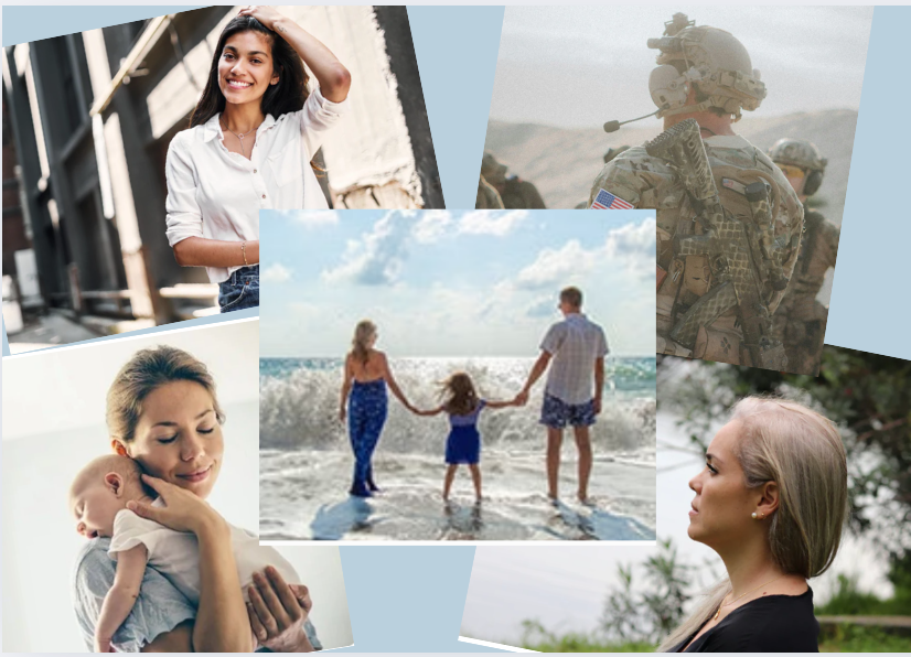 Collage image representing diverse individuals experiencing stress, including a professional woman, a soldier/service member, a mother with a newborn baby, and a family standing on the beach; illustrating the broad range of people who could benefit from Levium.