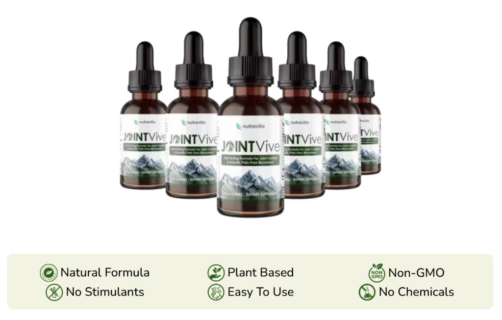 Multiple bottles of Nutraville JointVive liquid joint support supplement with dropper, highlighting natural, plant-based, non-GMO formula with no stimulants or chemicals.