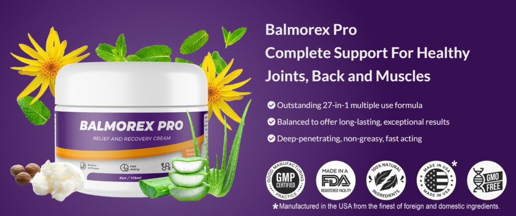Balmorex Pro 27-in-1 pain relief formula jar for joint and back support.