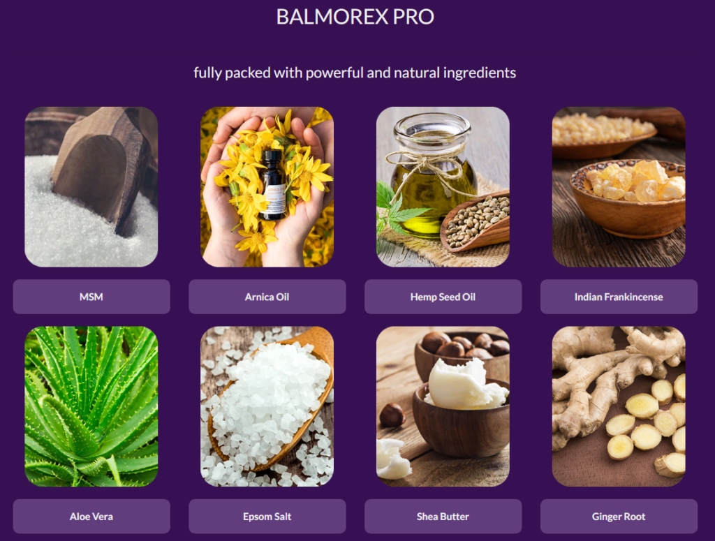 List of Balmorex Pro natural ingredients including MSM, Arnica, and Hemp Seed Oil.