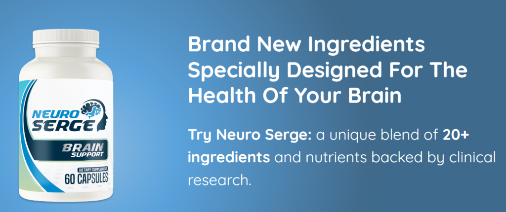A white bottle of NeuroSerge Brain Support dietary supplement containing 60 capsules, featuring a blue and teal logo with a human brain silhouette.