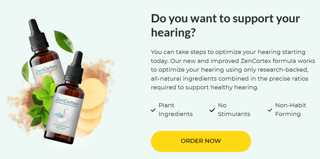 wo amber glass dropper bottles of ZenCortex Hearing Support Formula surrounded by green leaves and sliced ginger root.