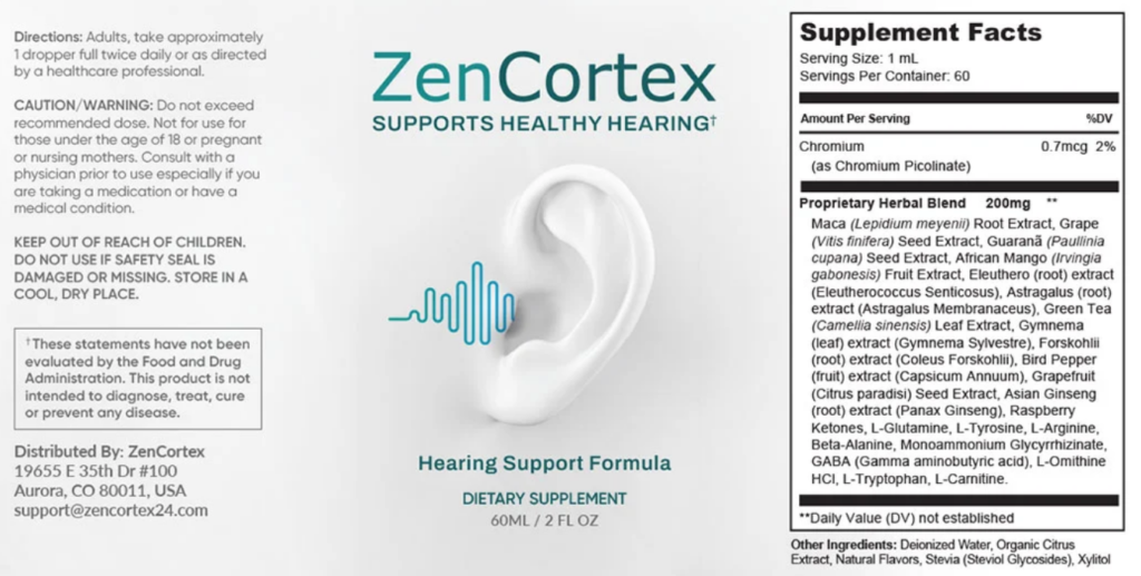 Close-up of the ZenCortex 60-serving supplement label detailing the 20+ natural plant-based ingredients for inner ear health