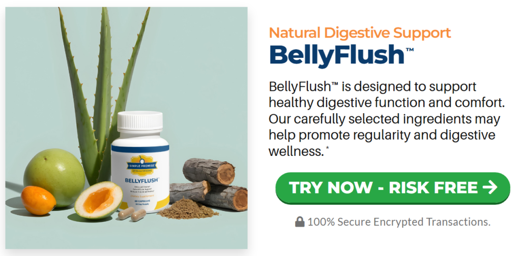 A bottle of Belly Flush by Simple Promise surrounded by natural ingredients like Aloe Vera, Cascara Sagrada bark, and Triphala fruit for detox and colon cleanse support.