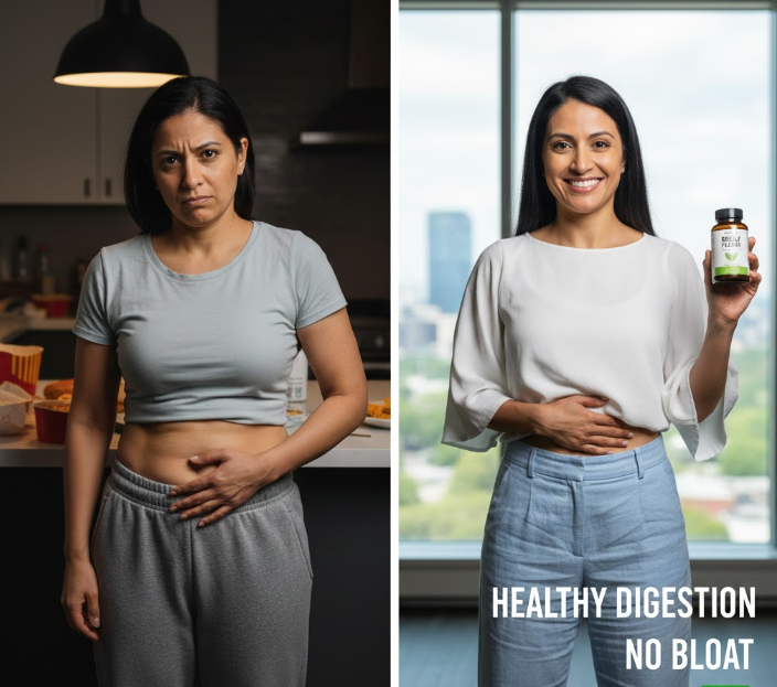 A before and after comparison of a woman using Belly Flush; the 'before' shows bloating and digestive discomfort, while the 'after' shows a flat stomach and healthy digestion after a successful colon cleanse