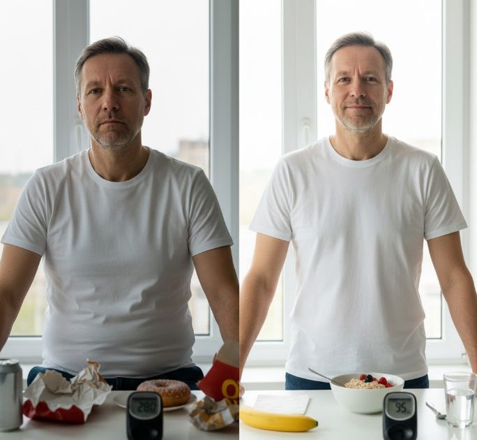 Middle-aged adult before and after using Sugar Mute to lower high blood sugar readings from 280 to 95.